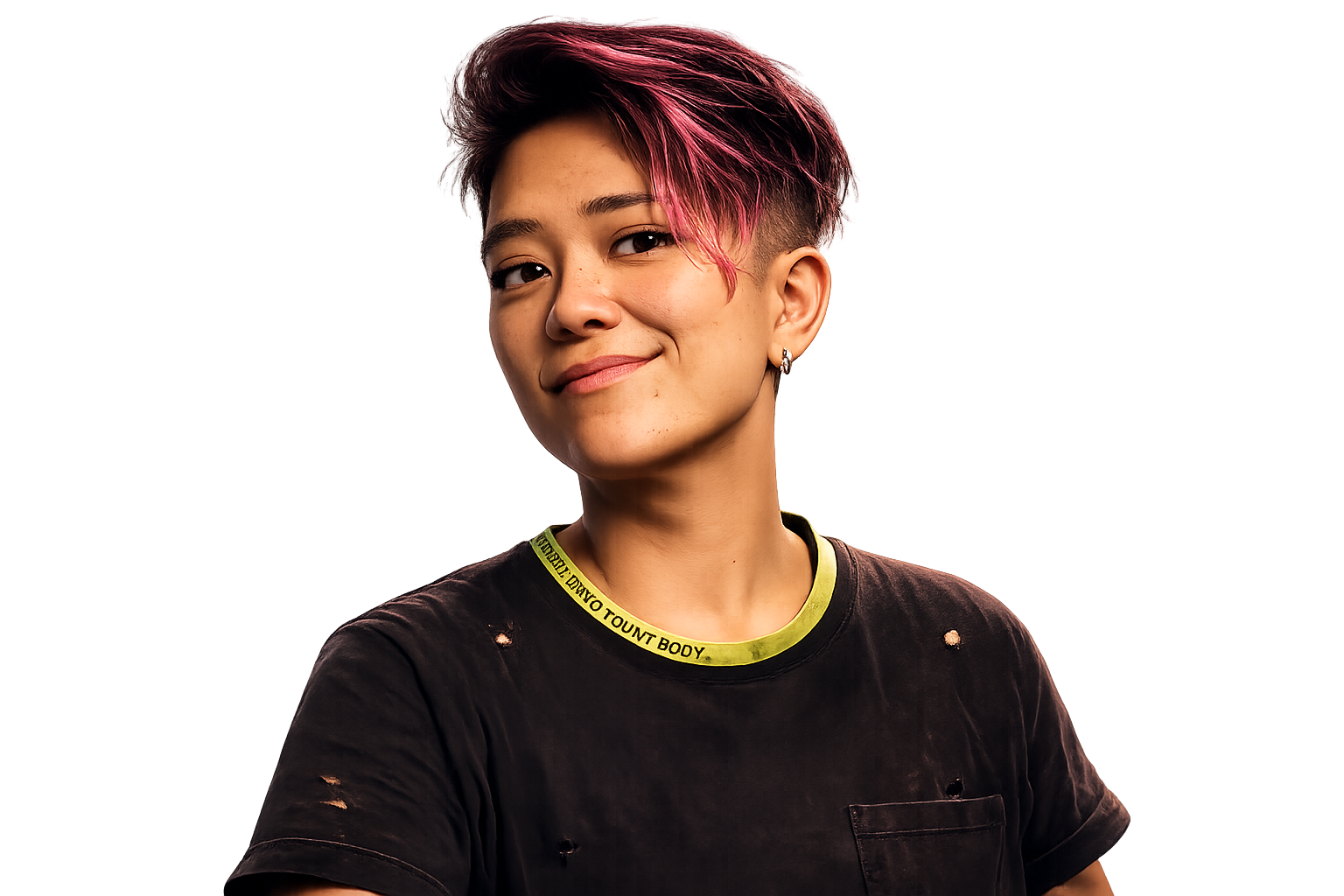Riot, Lani's AI assistant, gender-neutral character with magenta highlight strand and lime collar tape
