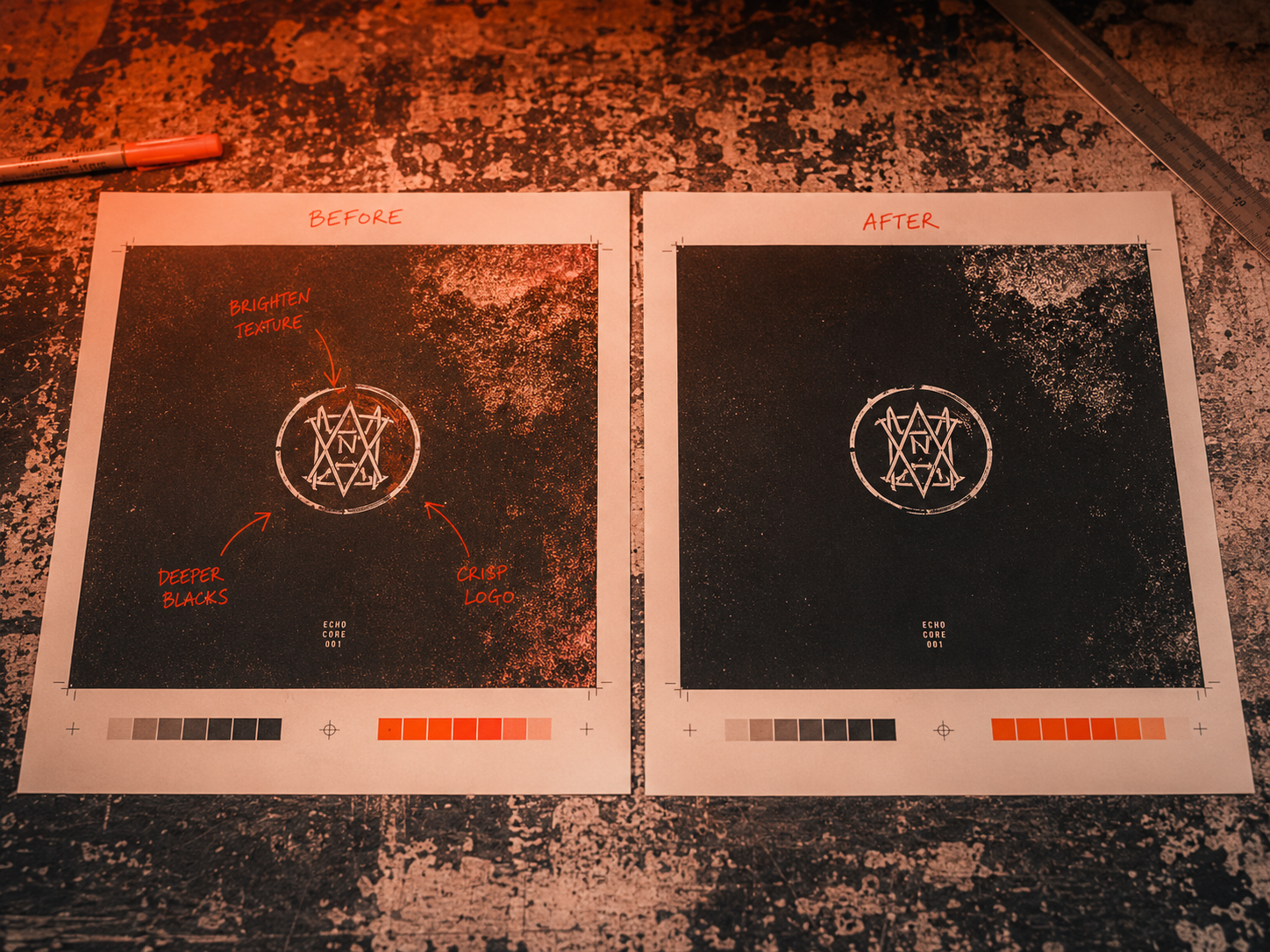 Before and after print proofs side by side on drafting table, red marker annotation on the before copy, hard top-down light